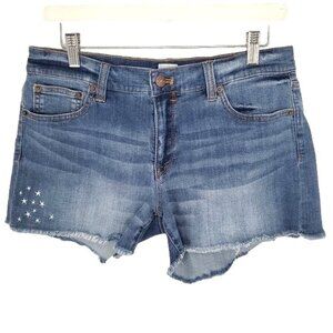 J. CREW Shorts Sz 29 Denim Raw Hem Boho Blue Midrise Embroidered Stars Sky Night